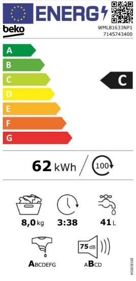 Perilica rublja BEKO WML81633NP1, 8 kg, 1600 o/min, energetski razred C, bijela