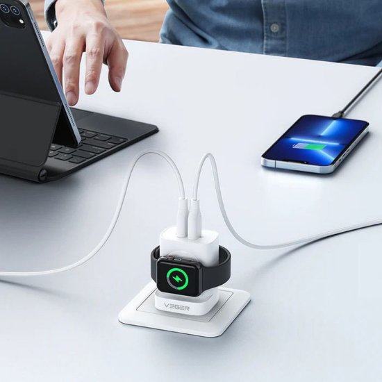 Kućni punjač VEGER W002E, 3u1, PD 20W, bežično punjenje za Apple Watch, bijeli