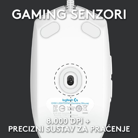 Miš LOGITECH Gaming G102 Lightsync, optički, 8000dpi, bijeli, USB