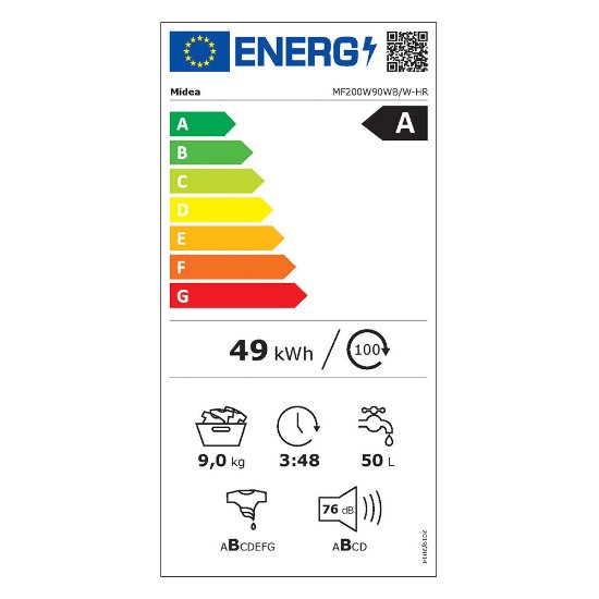 Perilica rublja MIDEA MF200W90WB/W-HR, 9 kg, 1400 o/min, energetski razred A, bijela