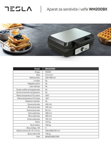 Aparat za vafle TESLA WM200BX, 1000 W, 220 C, crni-inox