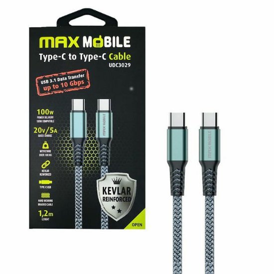 Kabel MAXMOBILE, USB-C (M) na USB-C(M), kevlar, 100W, 5A, 1,2m, sivi