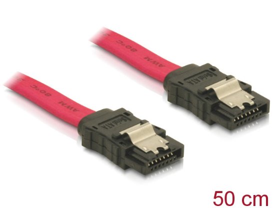 Kabel DELOCK, interni SATA, 50cm, metalne kopče, crveni