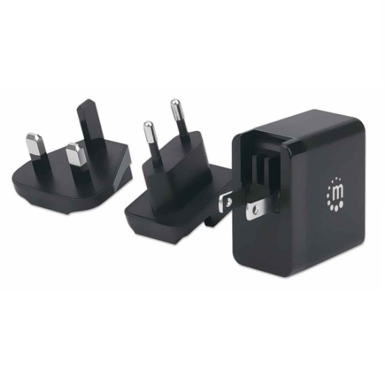 Putni punjač MANHATTAN GaN Tech 65W, USB-C PD, za EU/UK/US, crni