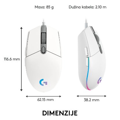 Miš LOGITECH Gaming G102 Lightsync, optički, 8000dpi, bijeli, USB