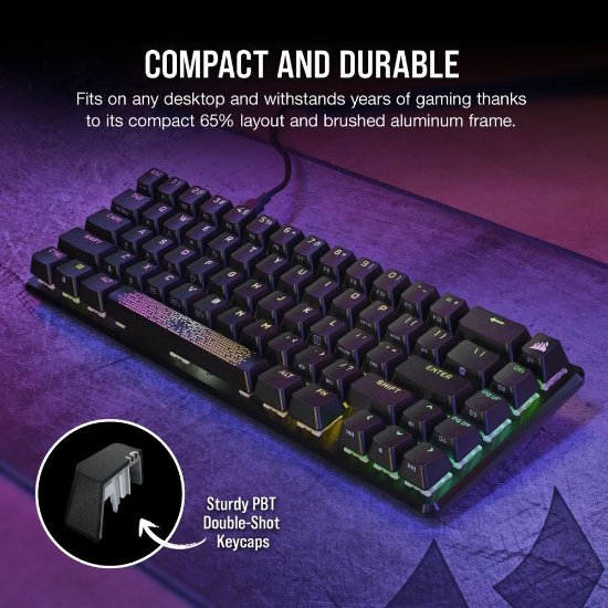 Tipkovnica CORSAIR K65 Pro Mini RGB, optičko-mehanička, Corsair OPX, US Layout, USB, crna
