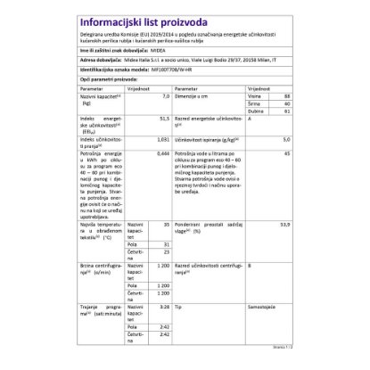 Perilica rublja MIDEA MF100T70B/W-HR, gornje punjenje, 7 kg, 1200 o/min, energetski razred A, bijela
