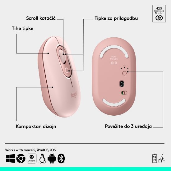 Miš LOGITECH POP, optički, bežični, USB, BT, 1000dpi, rozi