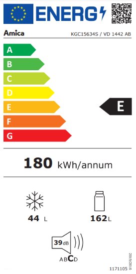Hladnjak AMICA KGC15634S, kombinirani, 144 cm, 162/44 l, AutoDefrost, energetski razred E, crni