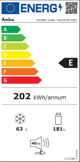 Hladnjak AMICA FK2965.3LAA, kombinirani, 181 cm, No frost, 181/63 l, SoftClose, energetski razred E, plavi