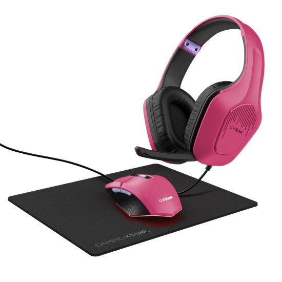 Miš + podloga za miš + slušalice TRUST GXT 790, USB, optički, rozi