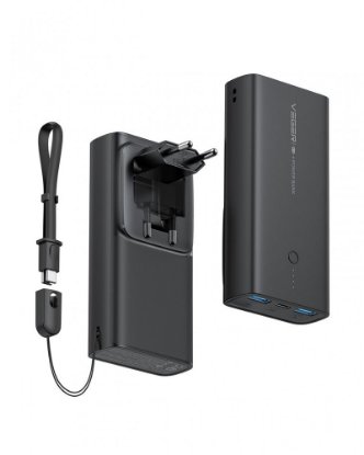 RABLJENI - Mobilni USB punjač VEGER ACE100, 10000 mAh, ugrađena EU utičnica, crni
