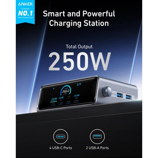 Kućni punjač ANKER Prime GaN, stolni, 4x USB-C, 2x USB-A, LCD zaslon, 250W