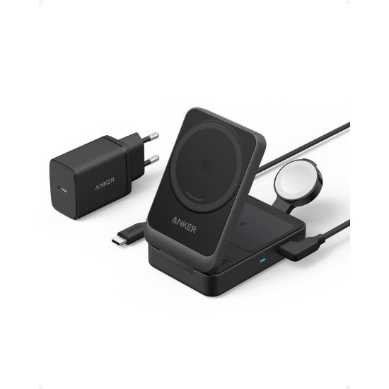 Bežični punjač ANKER MagGo 15W, stalak, MagSafe, 3u1 za Apple iPhone, Watch i AirPods, crni