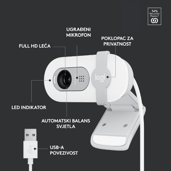 Web kamera LOGITECH Brio 100, bijela
