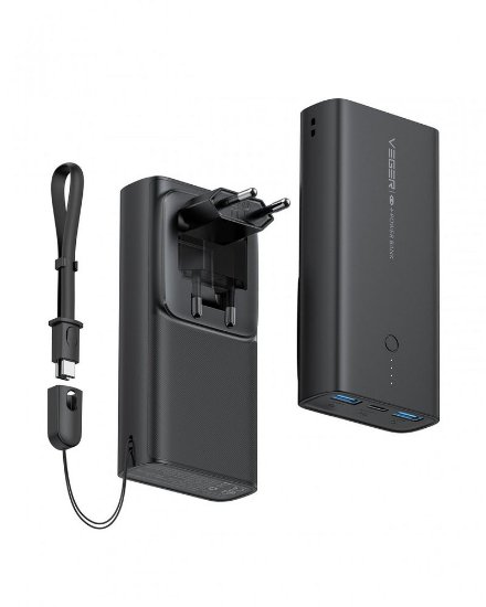 Mobilni USB punjač VEGER ACE100, 10000 mAh, ugrađena EU utičnica, crni