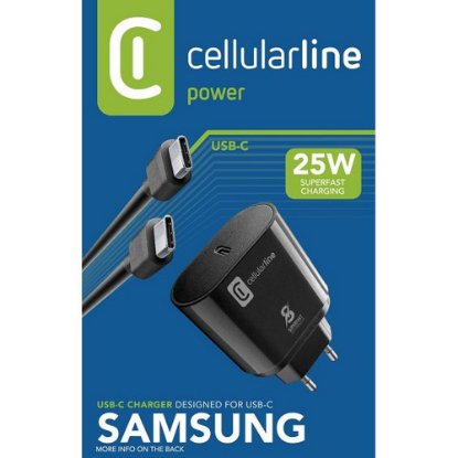 Kućni punjač CELLULARLINE, za Samsung, Fast Charge, PD, 25W, USB-C, crni + kabel 1m