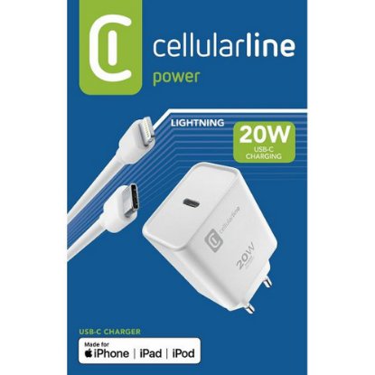 Kućni punjač CELLULARLINE, za Apple, 20W, USB-C, MFI, bijeli + kabel Lightning 1m
