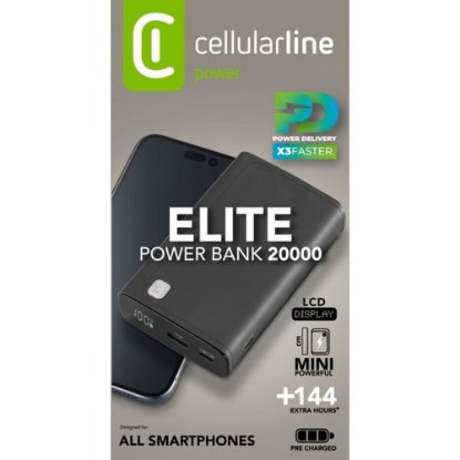 Mobilni USB punjač CELLULARLINE, Elite, 20000mAh, crni
