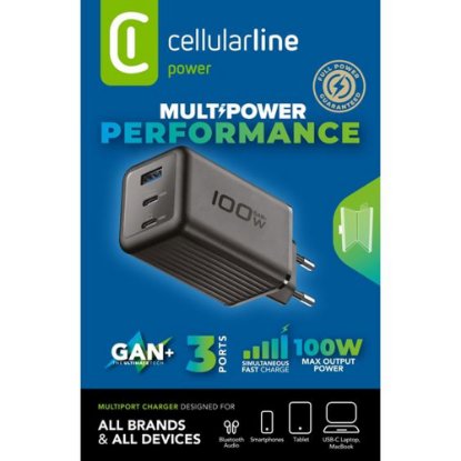 Kućni punjač CELLULARLINE, 100W, GAN+ USB-A, 2 x USB-C, crni