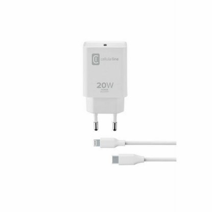 Kućni punjač CELLULARLINE, za Apple, 20W, USB-C, MFI, bijeli + kabel Lightning 1m