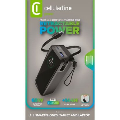 Mobilni USB punjač CELLULARLINE Power Bank Roller, 65W, 20.000 mAh, crni