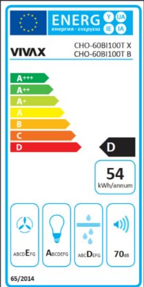 Zidna kuhinjska napa VIVAX CHO-60BI100T B, 52,5 cm, 281 m3/h, energetski razred D, bijela