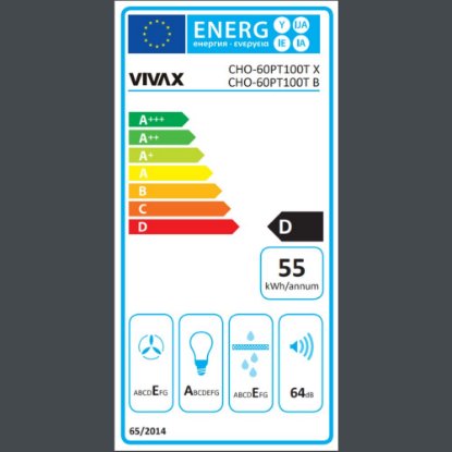 Teleskopska kuhinjska napa VIVAX CHO-60PT100T B, 60 cm, 289 m3/h, energetski razred D, crna