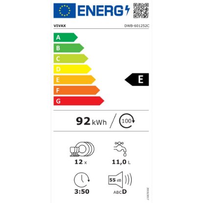 Ugradbena perilica posuđa VIVAX DWB-601252C, 60 cm, do 12 kompleta, energetski razred E
