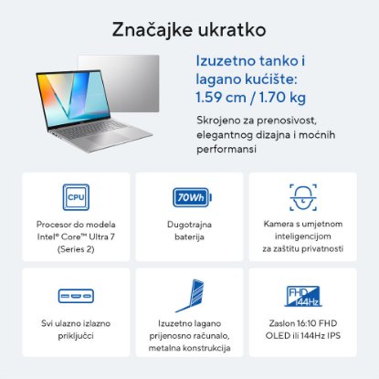 IZLOŽBENI - Laptop ASUS VivoBook S S3607CA-RP039W / Core Ultra 7 255H, 16GB, 1TB SSD, Intel HD Graphics, 16" WUXGA 144Hz IPS, Windows 11, srebrni